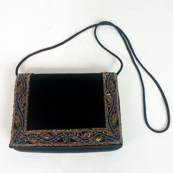 ADG Beaded Black Satin Evening Shoulder Bag  7.5“ x 5.5“ x 1.5“ - Picture 1 of 4